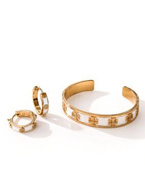 Tory Burch Gold Ivory Stud Hoop HUGGIE Earrings and Enamel Logo Cuff Bracelet